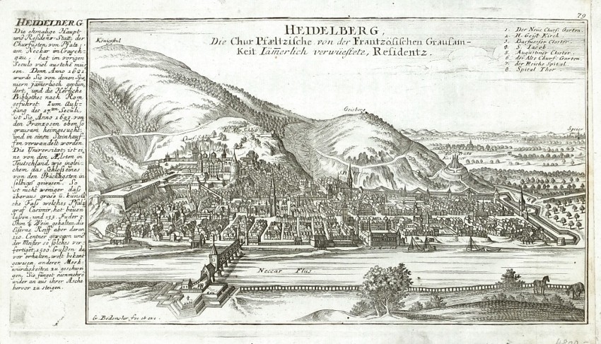 Heidelberg, Die Chur Pfaeltzische von der Frantzösischen Grausam-Keit Iämerlich verwüestete, Residentz - Alte Landkarte
