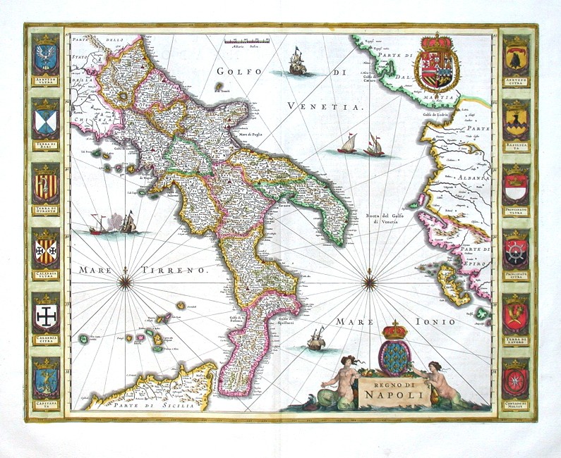 Neapolské království - Regno di Napoli, mědirytina, mapa, Blaeu, 1644 - Staré mapy na prodej