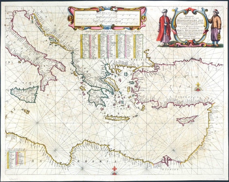 Pascaarte van`t Oostelyckste deel vande Middelandsche Zee - Tabula hydrographica de partibus Orientalioribus Maris Mediterranei - Antique map