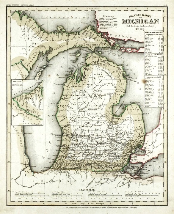 USA. Michigan - Neueste Karte von Michigan, Stahlstich Karte, Joseph Meyer, 1853 - Verkauf alter Karten