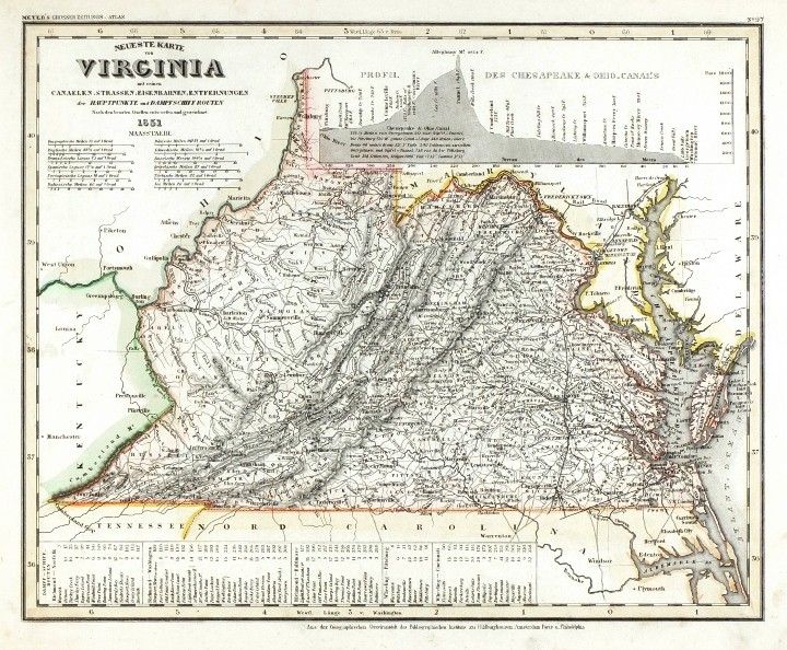 USA - Neueste Karte von Virginia, steel engraving map, Meyer, 1851 - Old maps for sale