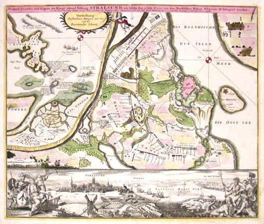Prospect, Grundris und Gegent der Königl. Schwed. Vestung Stralsund wie solche den 15 July 1715 von den Nordischen Hohen - Alte Landkarte