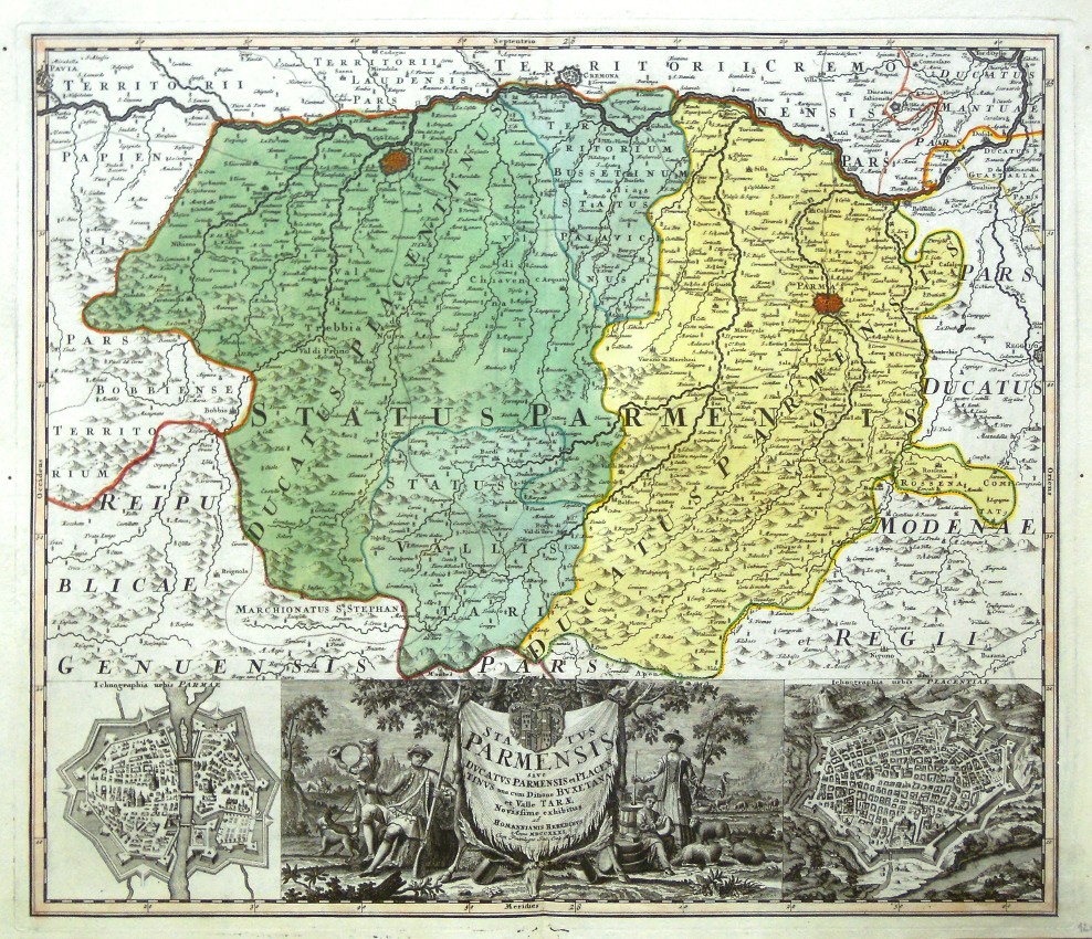 Parma and Piacenza - Status Parmensis sive Ducatus Parmensis et Placentinus, copperplate map, Homann, 1731 - Old maps for sale