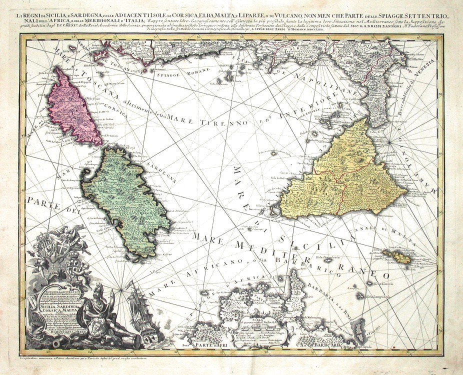 Li Regni di Sicilia, e Sardegna, colle Adiacenti Isole di Corsica, Elba, Malta, e Liparee - Alte Landkarte