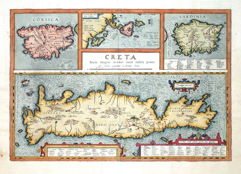 Kreta, Korika, Sardinien - Creta Iovis magni medio iacet insula ponto - Alte Landkarte