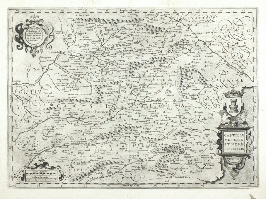 Kastilie - Castiliae Veteris et Nova descriptio, mědirytina, mapa, Mercator, Hondius, 1630 - Staré mapy na prodej
