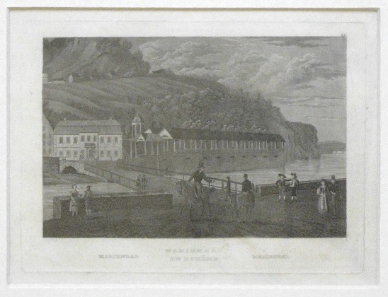 Karlovy Vary - kolonáda Nového pramane - Marienbad, ocelorytina, 1830 - Verkauf alter Karten