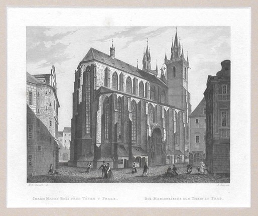 Praha, Chrám Matky Boží před Týnem, ocelorytina, Kandler, Fesca, 1865 - Verkauf alter Karten