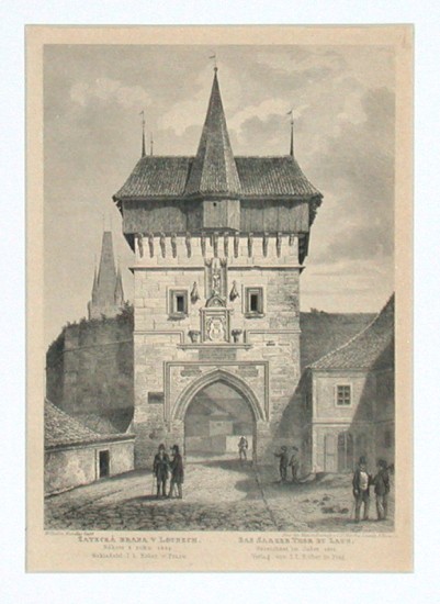 Louny - Žatecká brána v Lounech - ocelorytina, Kober, 1850 - Staré mapy na prodej