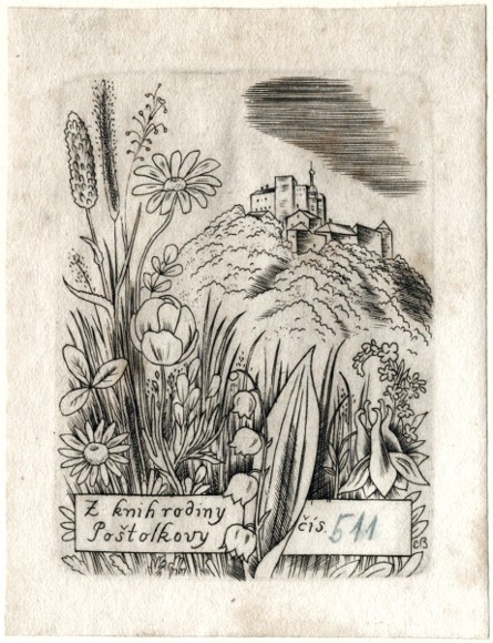 Cyril Bouda - Z knih rodiny Poštolkovy - Buchlov - exlibris, lept, 1940