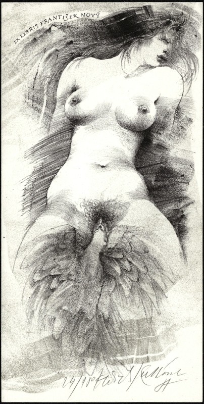 Oldřich Kulhánek - Ex libris František Nový  - erotické exlibris, litografie, 1987