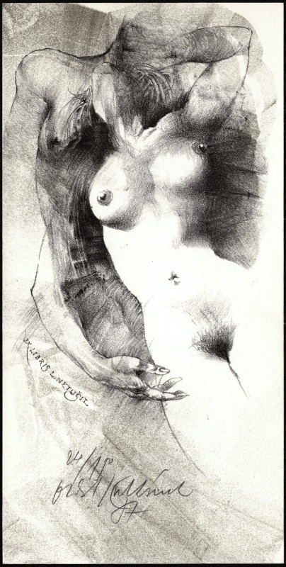 Oldřich Kulhánek - Ex libris L. Netušil - erotické exlibris, litografie, 1987