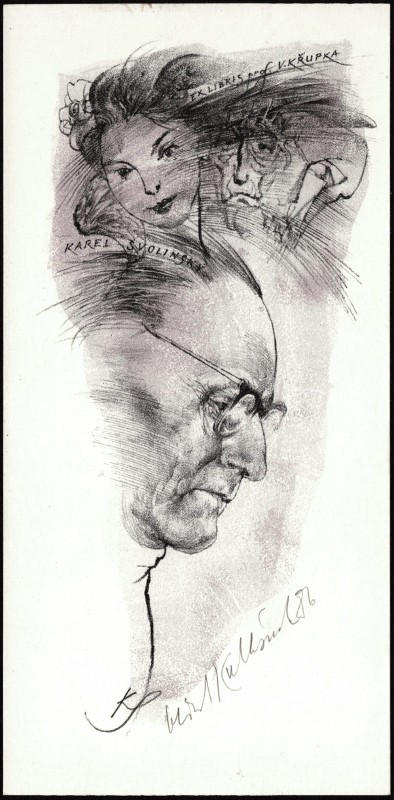 Oldřich Kulhánek - Karel Svolinský - Ex libris prof. V. Křupka - exlibris, litografie, 1986