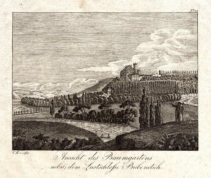Praha - Bubeneč - Ansicht des Baumgartens nebst dem Lustschlosse Bubenetsch, mědirytina, Hyllos, 1820