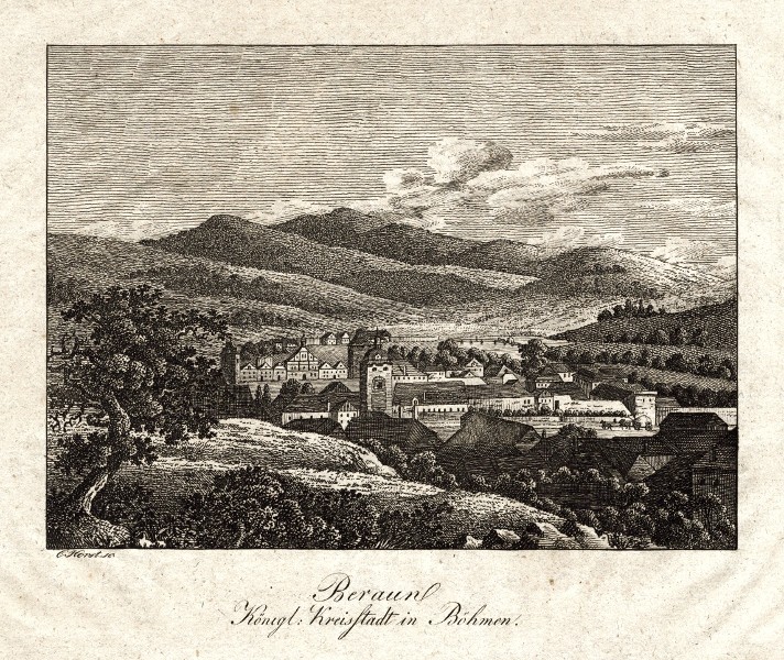 Beroun - Beraun Königl. Kreisstadt in Böhmen, mědirytina, Hyllos, 1820 - Staré mapy na prodej