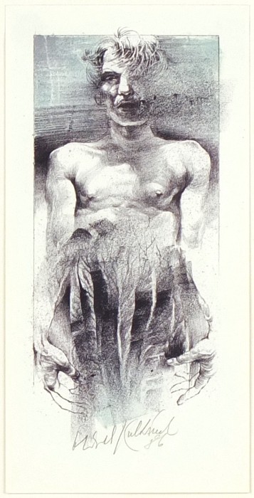 Oldřich Kulhánek - mužský poloakt - litografie, 1986