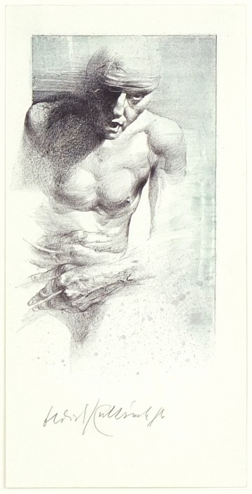 Oldřich Kulhánek - mužský poloakt - litografie, 1986