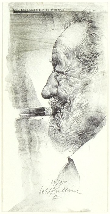 Oldřich Kulhánek - Jan Werich - Ex libris Ludmila Jelínková - litografie, 1987