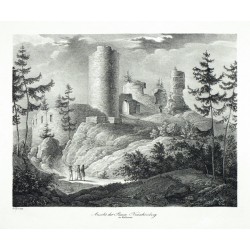 Šumburk, litografie, Kunike, Greger, 1830 - Ansicht der Ruine Neuschönberg