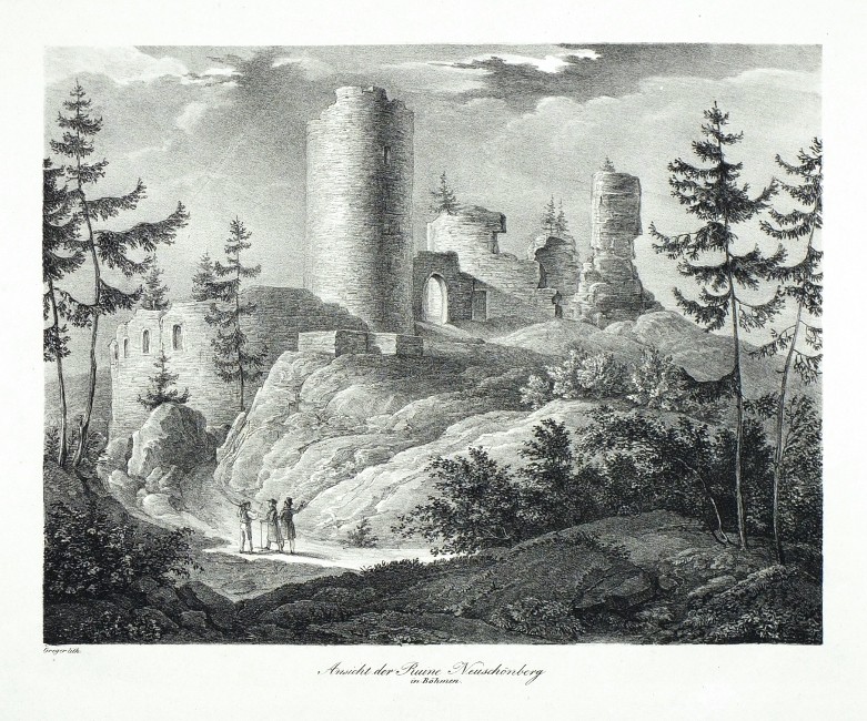 Šumburk, litografie, Kunike, Greger, 1830 - Ansicht der Ruine Neuschönberg