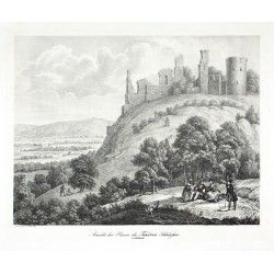 Teplice - Doubravská hora, litografie, Kunike, 1830, Ansicht der Ruine des Teplitzer Schlosses