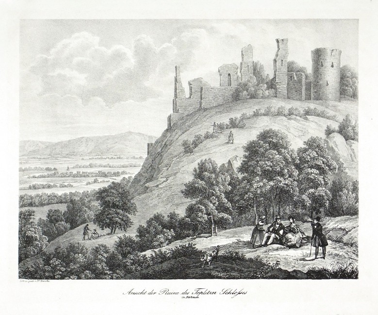 Teplice - Doubravská hora, litografie, Kunike, 1830, Ansicht der Ruine des Teplitzer Schlosses