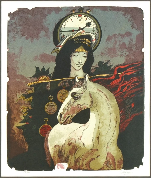 Josef Liesler, barevná litografie, 1984 - Bílý kůň a Jezumínka