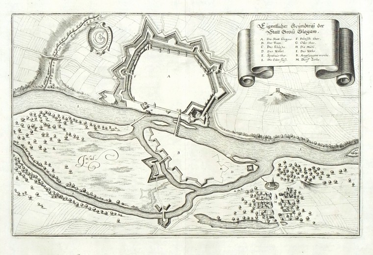 Glogau - Eigentlicher Grundtriss der Statt Gross Glogaw, Kupferstich, Merian, 1650