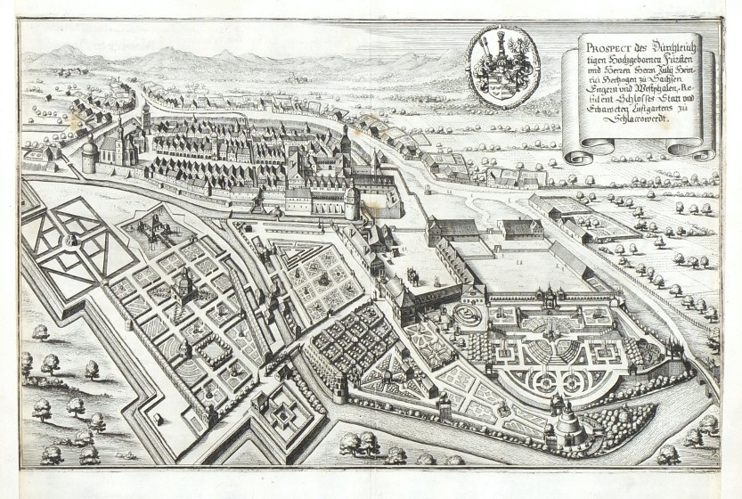 Ostrov nad Ohří - Prospect des Schlosses Statt Schlaccowerdt, mědirytina, Merian, 1650