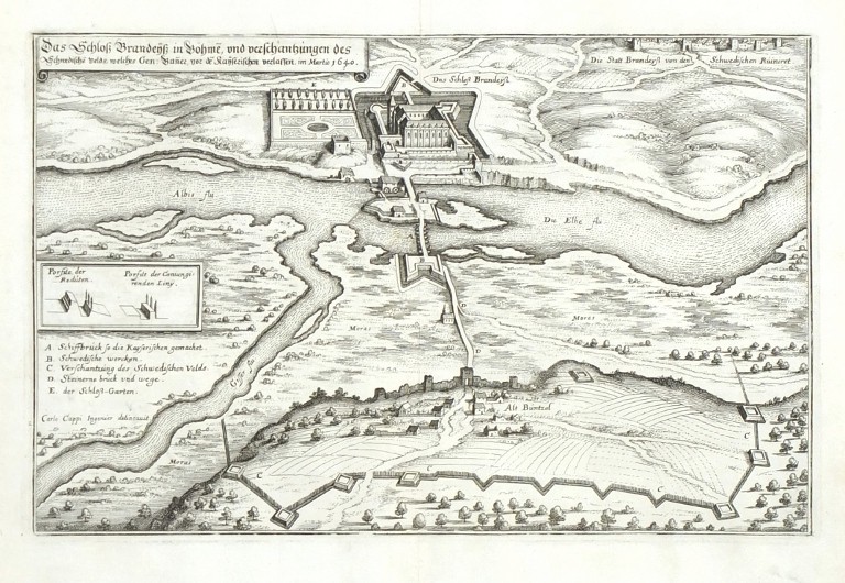 Brandýs nad Laben, Stará Boleslav - Das Schloß Brandeijß, mědirytina, Merian, 1650