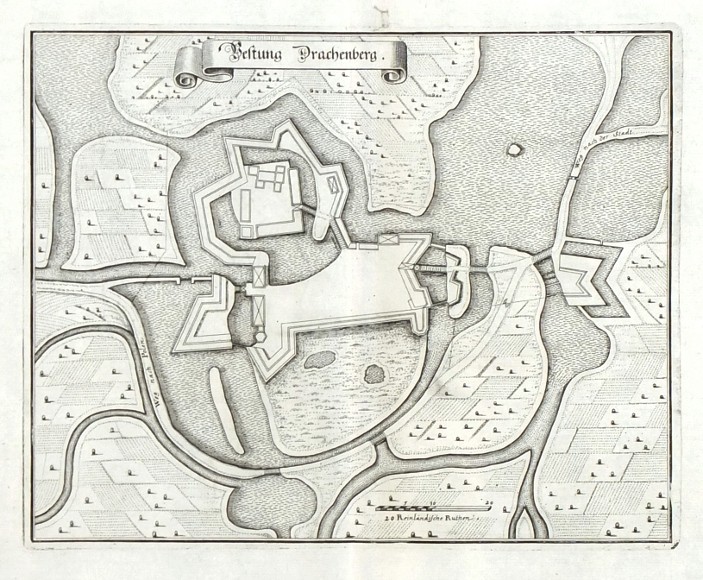 Żmigród - Vestung Drachenberg, copperplate engraving, Merian, 1650