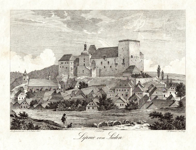 Lipnice nad Sázavou - Lipnic von Süden, kamenorytina, Heber, 1844