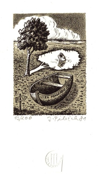 Jindřich Pileček, Ex Libris Lyra Pragensis, litografie, 1981