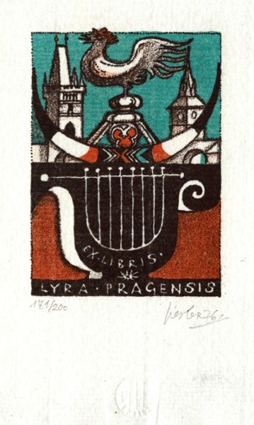 Josef Liesler, Ex Libris Lyra Pragensis, litografie, 1976