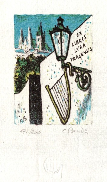 Cyril Bouda, Ex Libris Lyra Pragensis, litografie, 1982