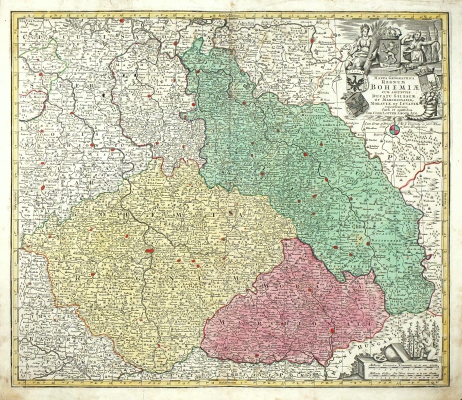 Čechy, Morava, Slezsko, Lužice - Mappa Geographica Bohemiae, Silesiae, Moraviea, Lusatiae, mědirytina, mapa, Lotter, 1740