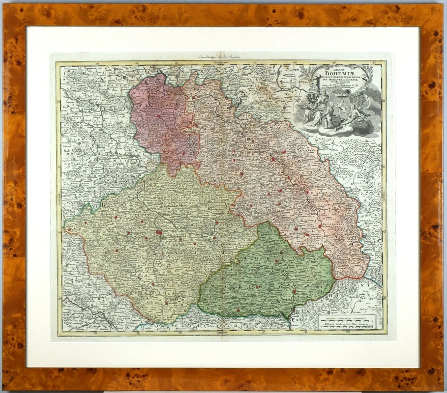 Čechy, Morava, Slezsko a Lužice - Regni Bohemiae, Silesiae, Moraviae et Lusatiae, mědirytina, mapa, Homann, 1715