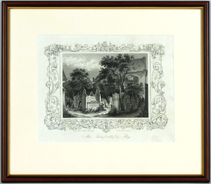 Praha - Starý židovský hřbitov, ocelorytina, Kandler, Merckel, 1850