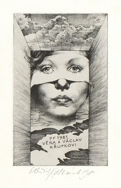 Oldřich Kulhánek - PF 1981 Věra & Václav Křupkovi, novoročenka, litografie, 1980