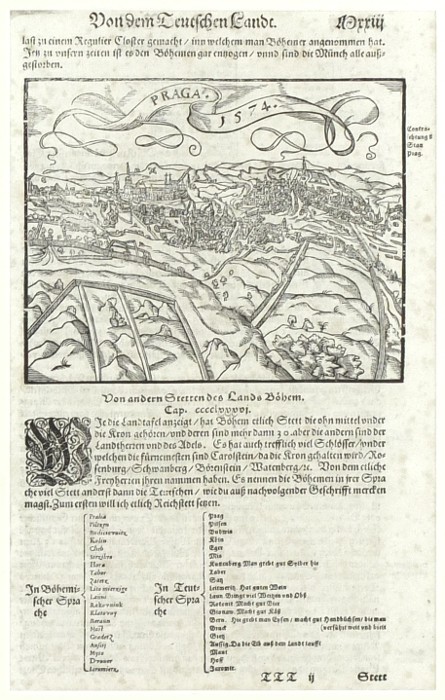 Praha - Praga. 1574, dřevořez, Münster, Cosmographey