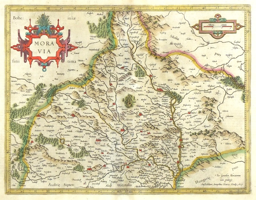 Morava - Moravia, mapa, mědirytina, Mercator, Hondius, 1627