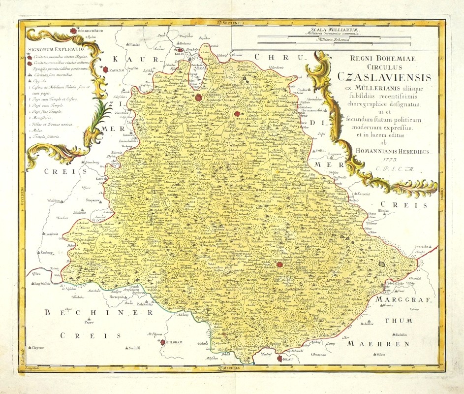 Čáslavský kraj - Regni Bohemiae Circulus Czaslaviensis, mědirytina, mapa, Müller, Homann, 1773