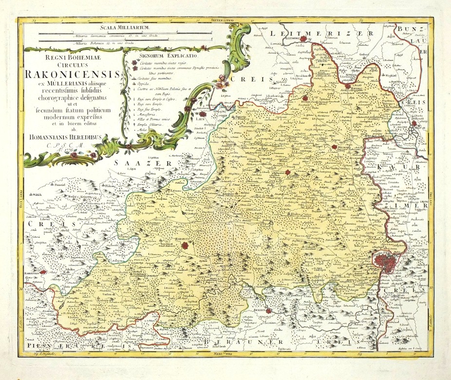 Rakovnický kraj - Regni Bohemiae Circulus Rakonicensis, mědirytina, mapa, Müller, Homann, 1776
