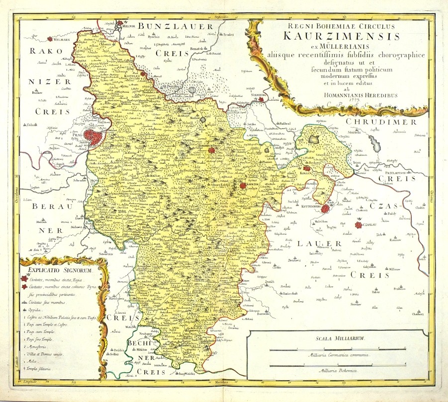 Kouřimský kraj - Regni Bohemiae Circulus Kaurzimensis, mědirytina, mapa, Müller, Homann, 1773
