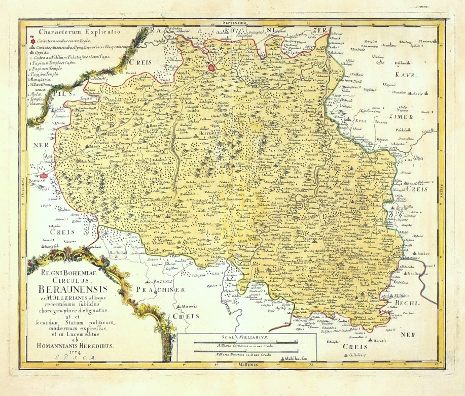 Berounský kraj - Regni Bohemiae Circulus Beraunensis, mědirytina, mapa, Müller, Homann, 1774