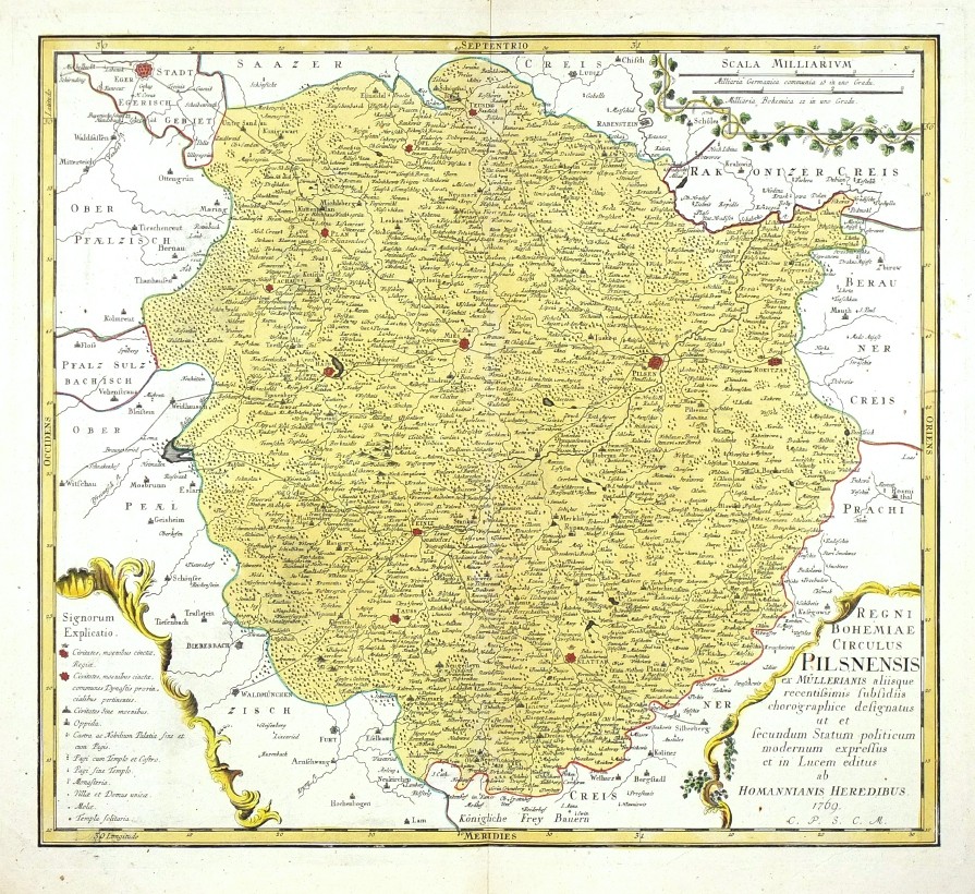Plzeňský kraj - Regni Bohemiae Circulus Pilsnensis, mědirytina, mapa, Müller, Homann, 1769