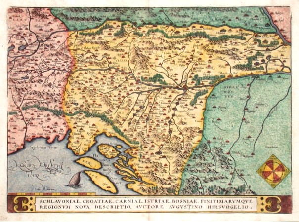 Slovinsko, Srbsko, Chorvatsko, Bosna, Istrie - Schlavoniae, Croatiae ..., mědirytina, mapa, Ortelius, 1570 - Staré mapy na prodej