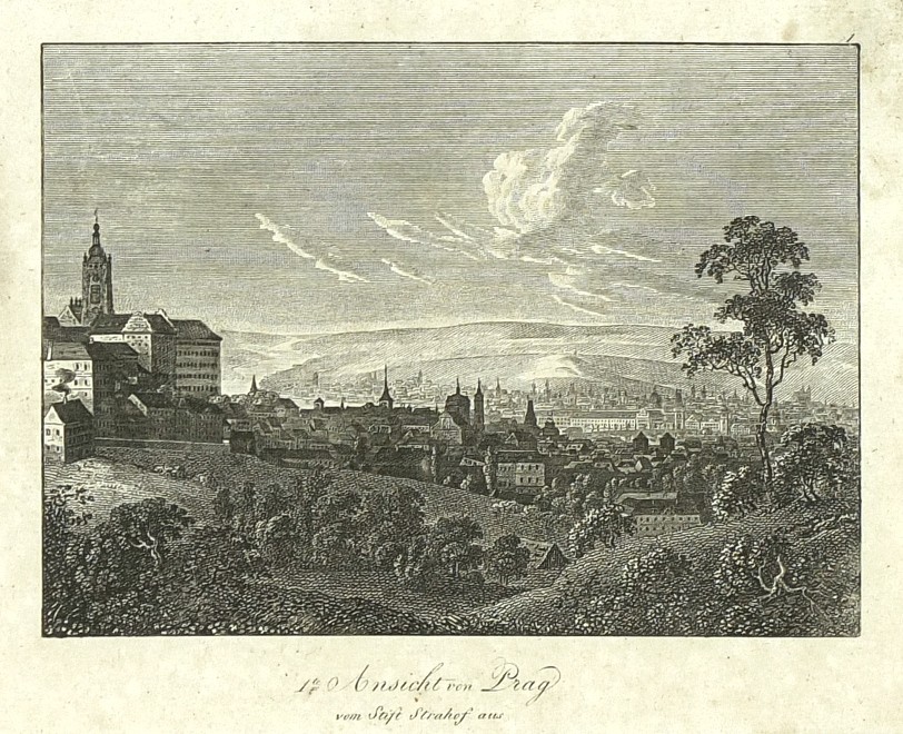 Praha - Pluth, 1te Ansicht von Prag vom Stift Strahof aus, mědirytina, 1820