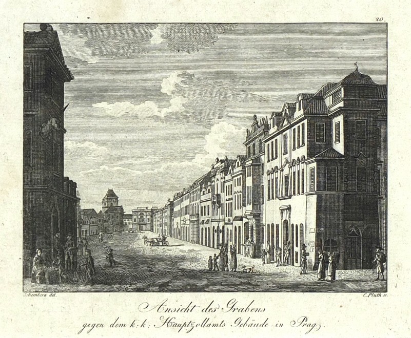 Praha, Na Příkopě - Pluth, Šembera, Ansicht des Grabens, mědirytina, 1820