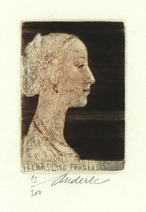 Jiří Anderle - Ex libris Lyra Pragensis, barevný lept, 1982